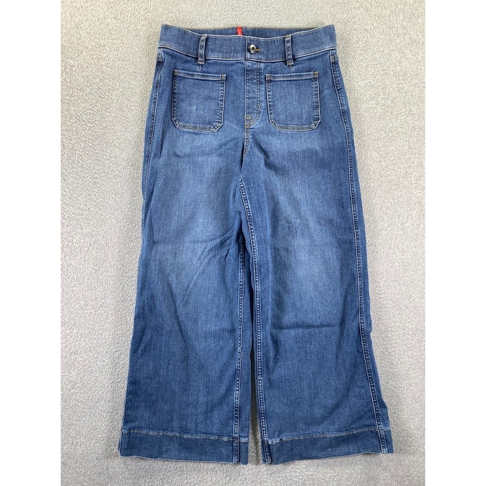 Spanx Wide Leg Jeans Women's Medium Blue High Rise Patch Pocket Pull On(29x25.5)